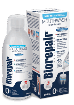 bottle and box of biorepair mouthwash
